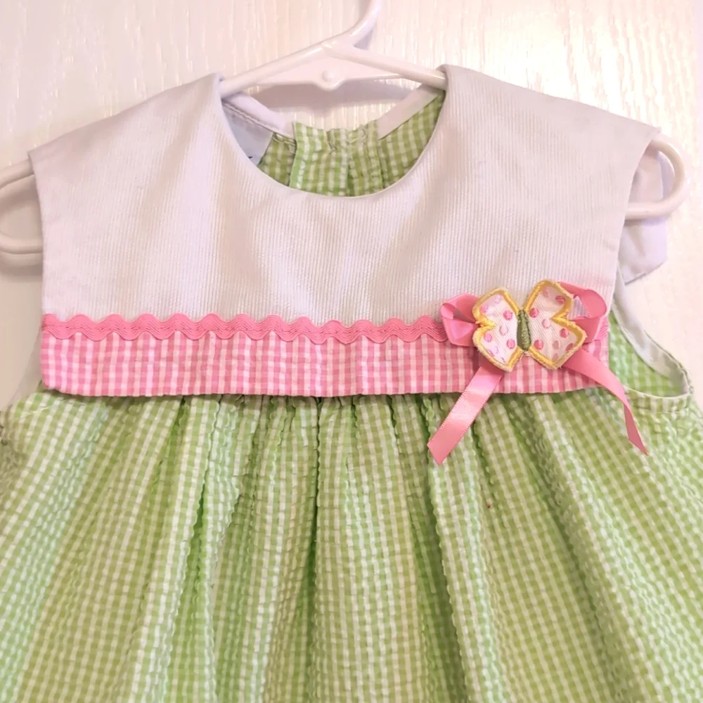 Samara Seersucker Toddler Dress. Flower Butterfly Applique. Size 24 Months